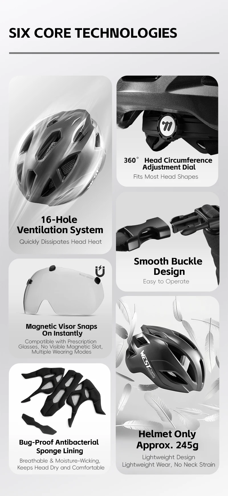 WEST BIKING Fahrradhelm mit magnetischem Visier, leichter Rennradhelm, 16 Belüftungsöffnungen, Insektenschutz, große Größe, Unisex, mehrfarbig – Detail 3