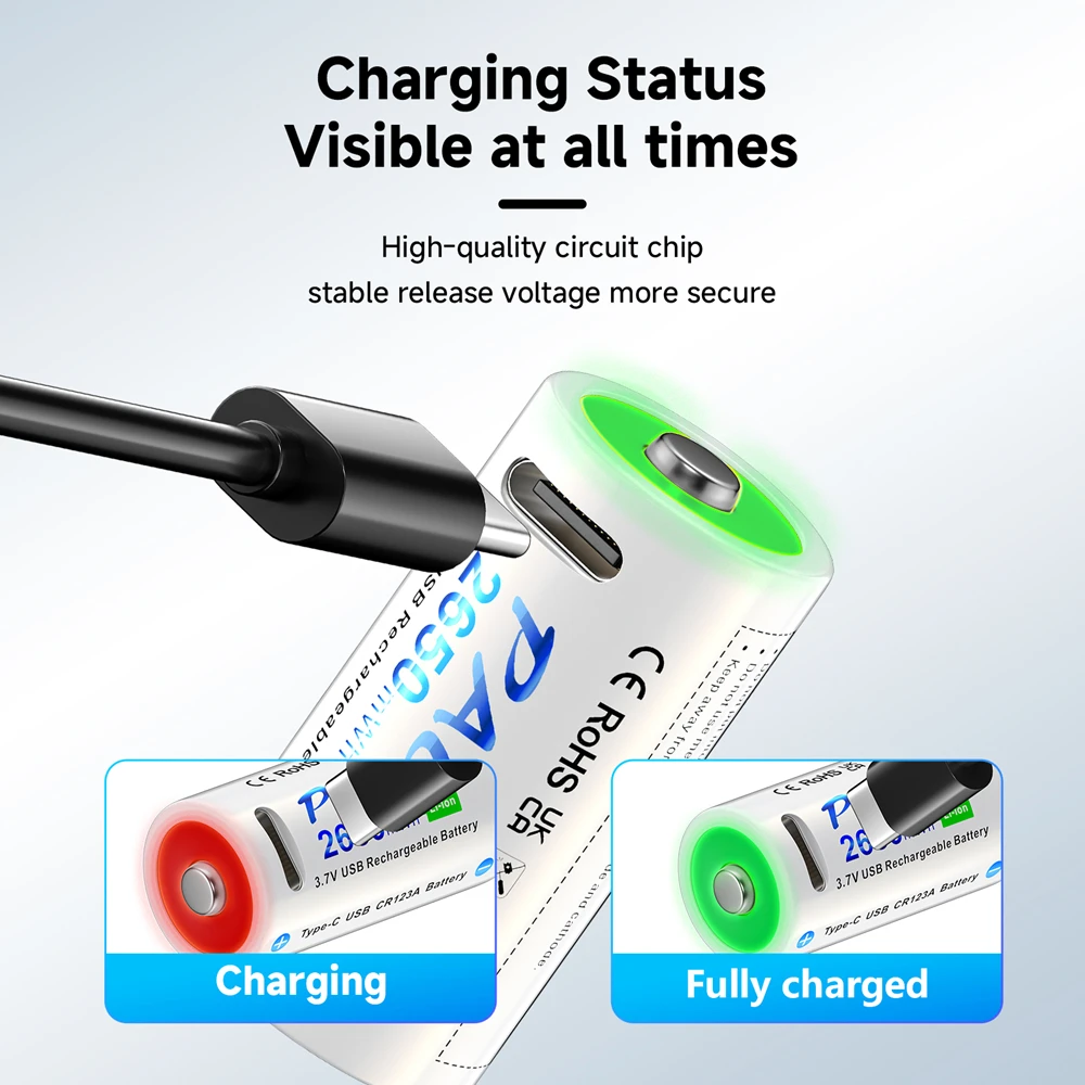 PALO CR123A Battery 2650mWh 16340 RCR123 3.7V Rechargeable Battery 100% Capacity USB Lithium CR123 16350 Bateria + Type-C Cable