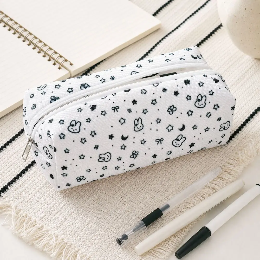 Gifts Cartoon Bunny Pencil Case Zipper Closure Star Moon Pattern Pencil Pouch Fabric White Pen Pouch Office Supplies