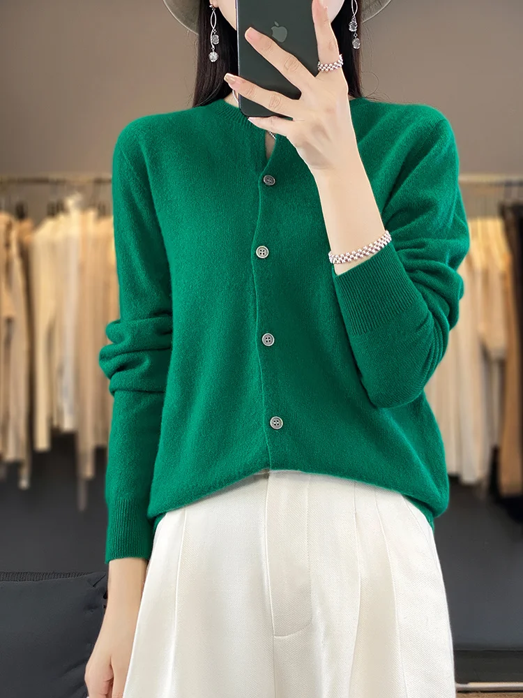 

Модный женский кардиган из мериносовой шерсти и кашемира на весну-осень, вязаный свитер с длинным рукавом и V-образным вырезом, базовая одежда, топы