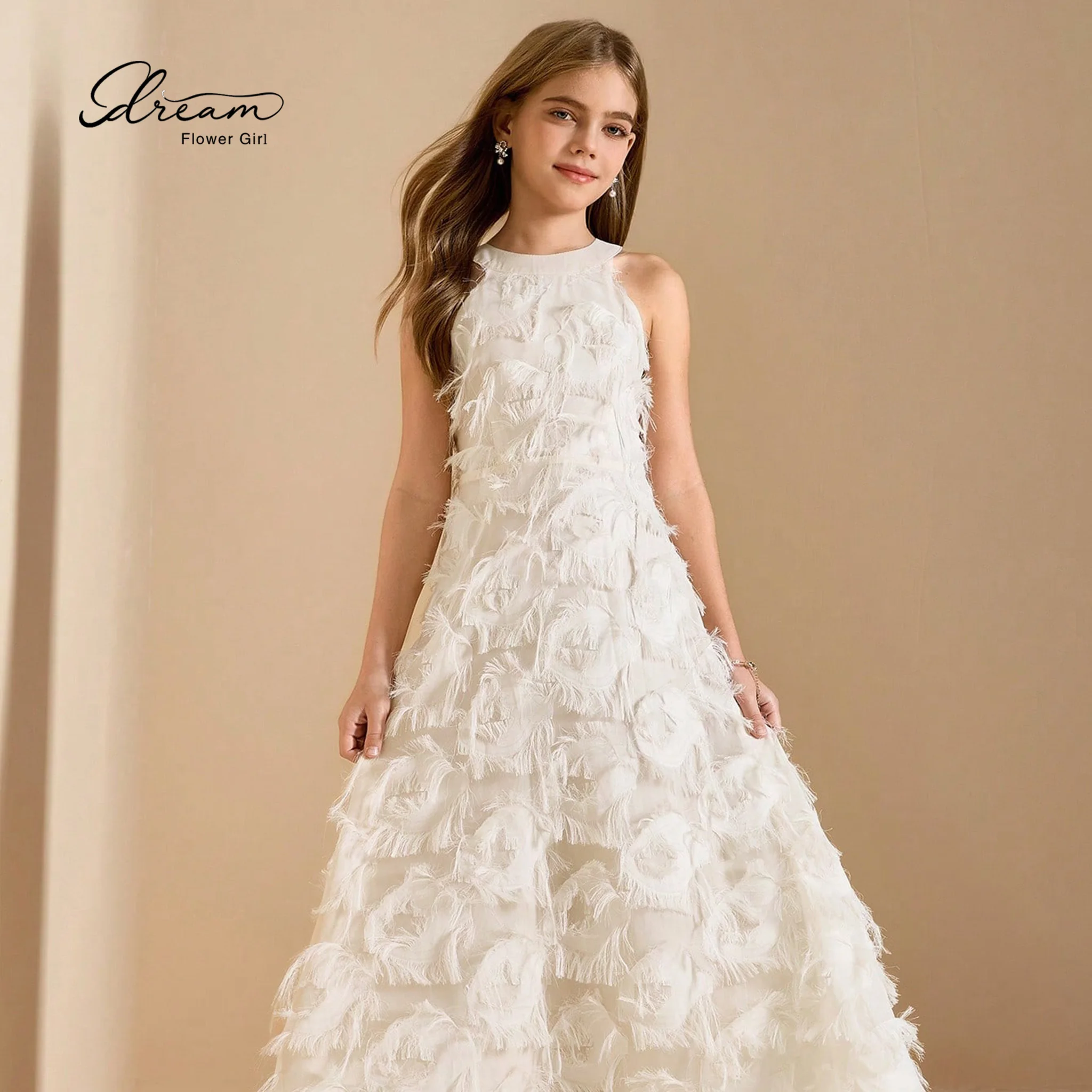 Ivory high-neck sleeveless floor-length formal ball gown for girls featuring a textured fuzzy-effect design