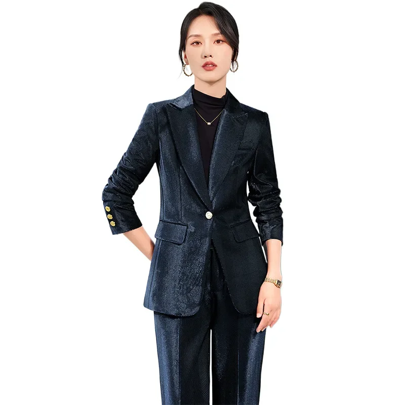 Pop Pleuche Two Piece Sets Womens Outifits 2024 New Fashion Slim Elegant Long Sleeve Blazer Office Lady Flare Pants Suits