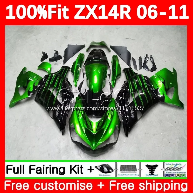 Kit For KAWASAKI NINJA ZX 14R ZX-14R ZX14R 06 07 08 09 10 11 117No.22 ZZR1400 2006 2007 2008 2009 2010 2011 Green black Fairing