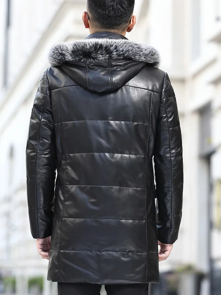 Winter Real Sheepskin Overcoat Men Zipper Thick Warm Hooded Genuine Leather Down Coat  Plus Size 5XL Streetwear Casual Coat Men