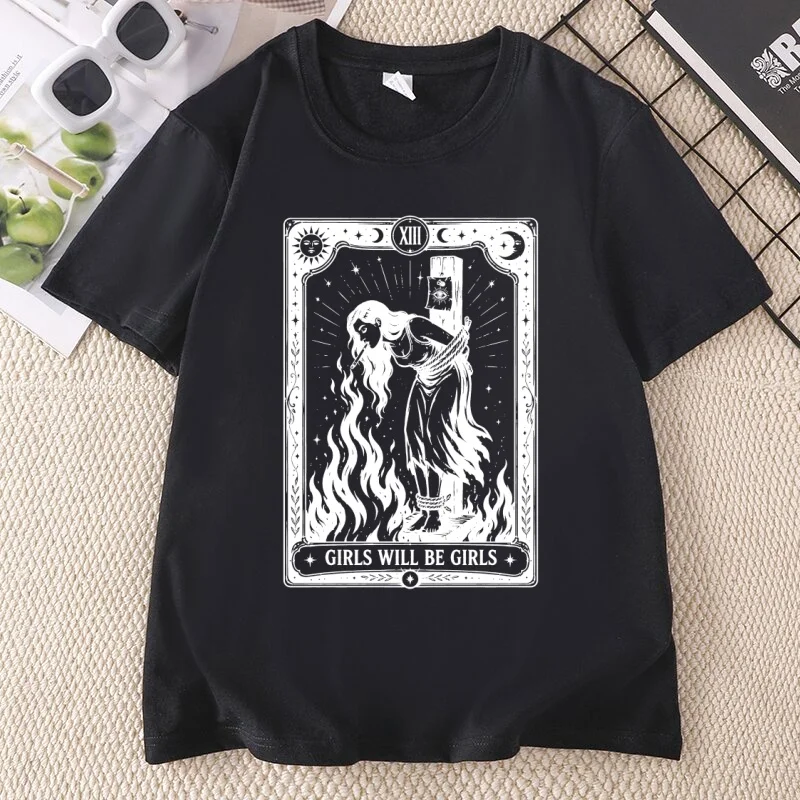 Girls Will Be Girls Witch T Shirt Women's Rights Tshirt Feminist Halloween T-Shirt Casaul Cotton Round Neck Printed Tees