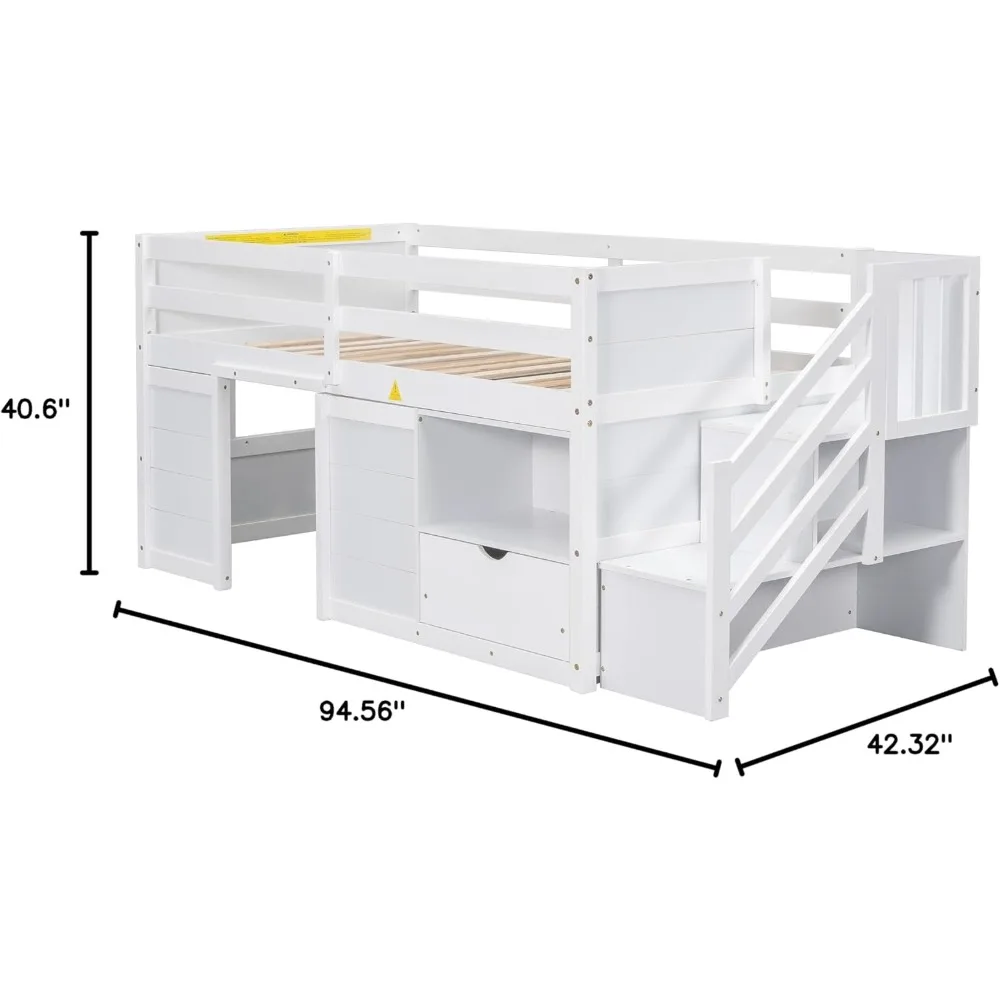 Twin Size Low loft Bed with Storage,Twin loft Bed for Kids,Wood Twinsize Beds with Game House and Drawers, Bookshelf Staircase