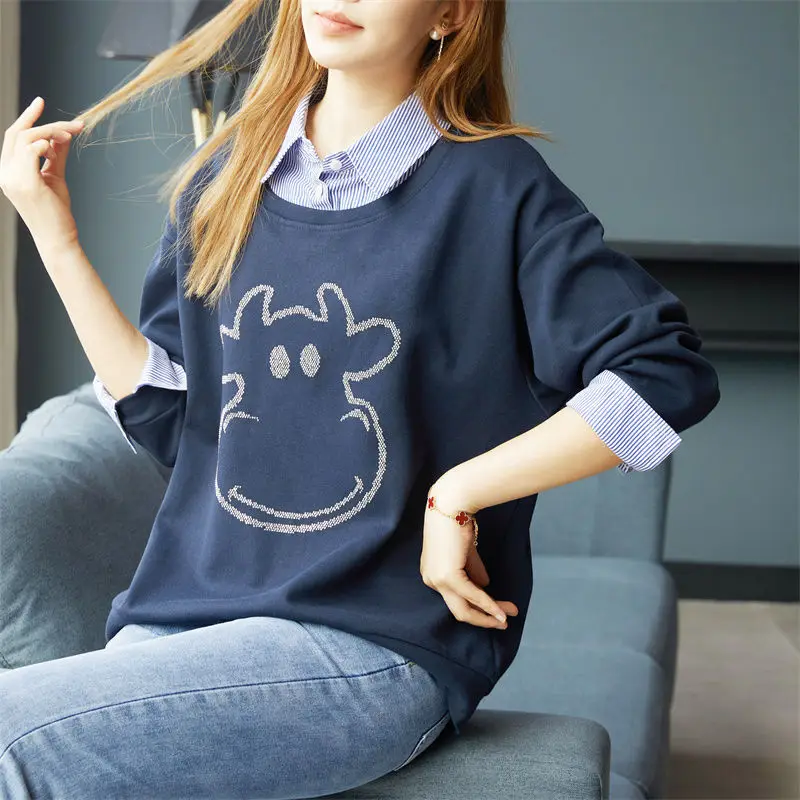 Spring and Autumn Women\'s Splicing Polo-Neck Long Sleeve Loose Printed Fake Two Pieces Pullovers Fashion Casual All-match Tops