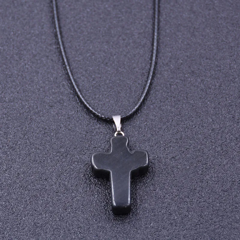 Tiny Natural Stone Turquoise Opal Cross Pendant Necklace With Stones Women Leahter Chain Choker Female Jewelry Party Girls Gift