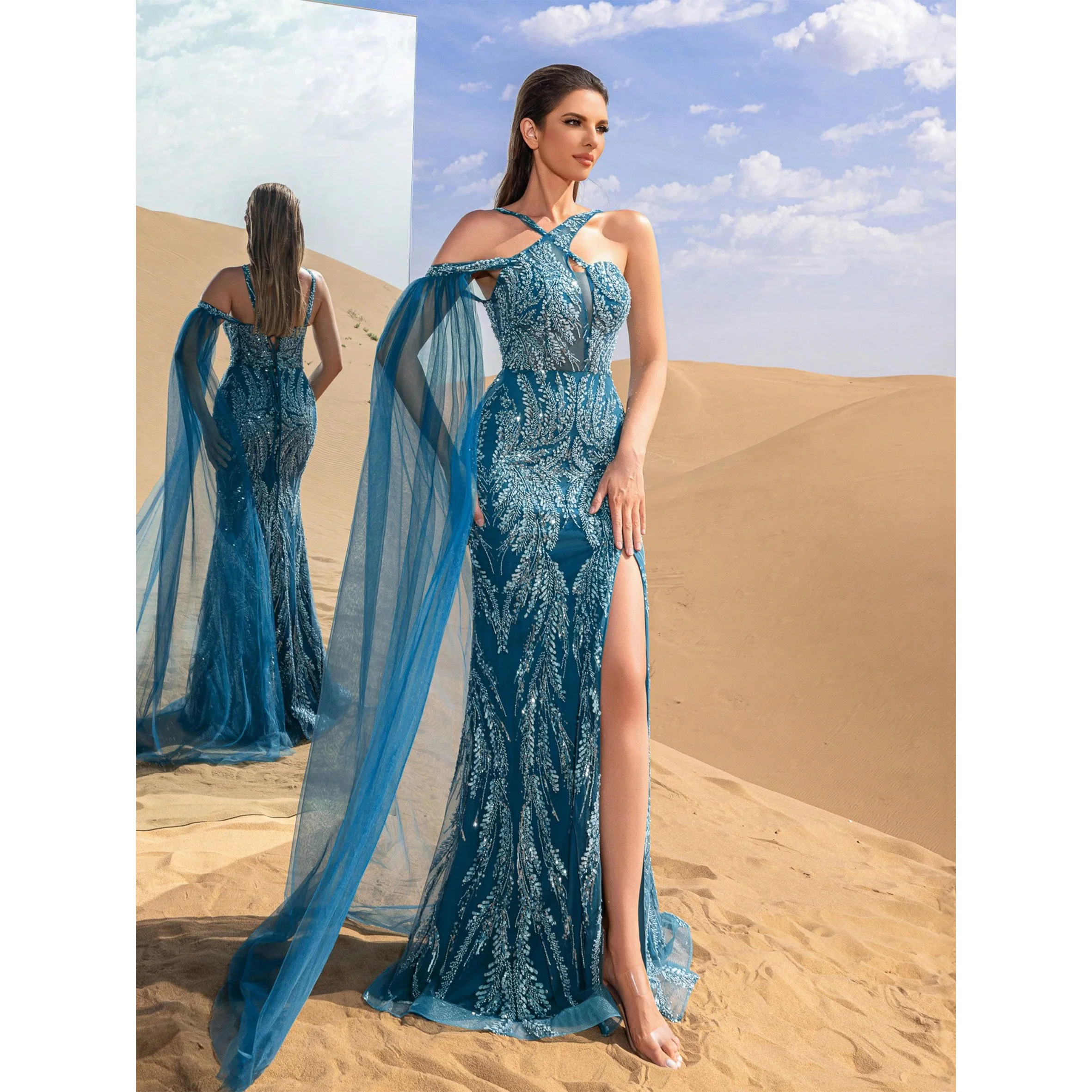 

Великолепные вечерние платья и вечерние платья с перекрещивающейся шеей и разрезом по подолу русалки, расшитые бисером