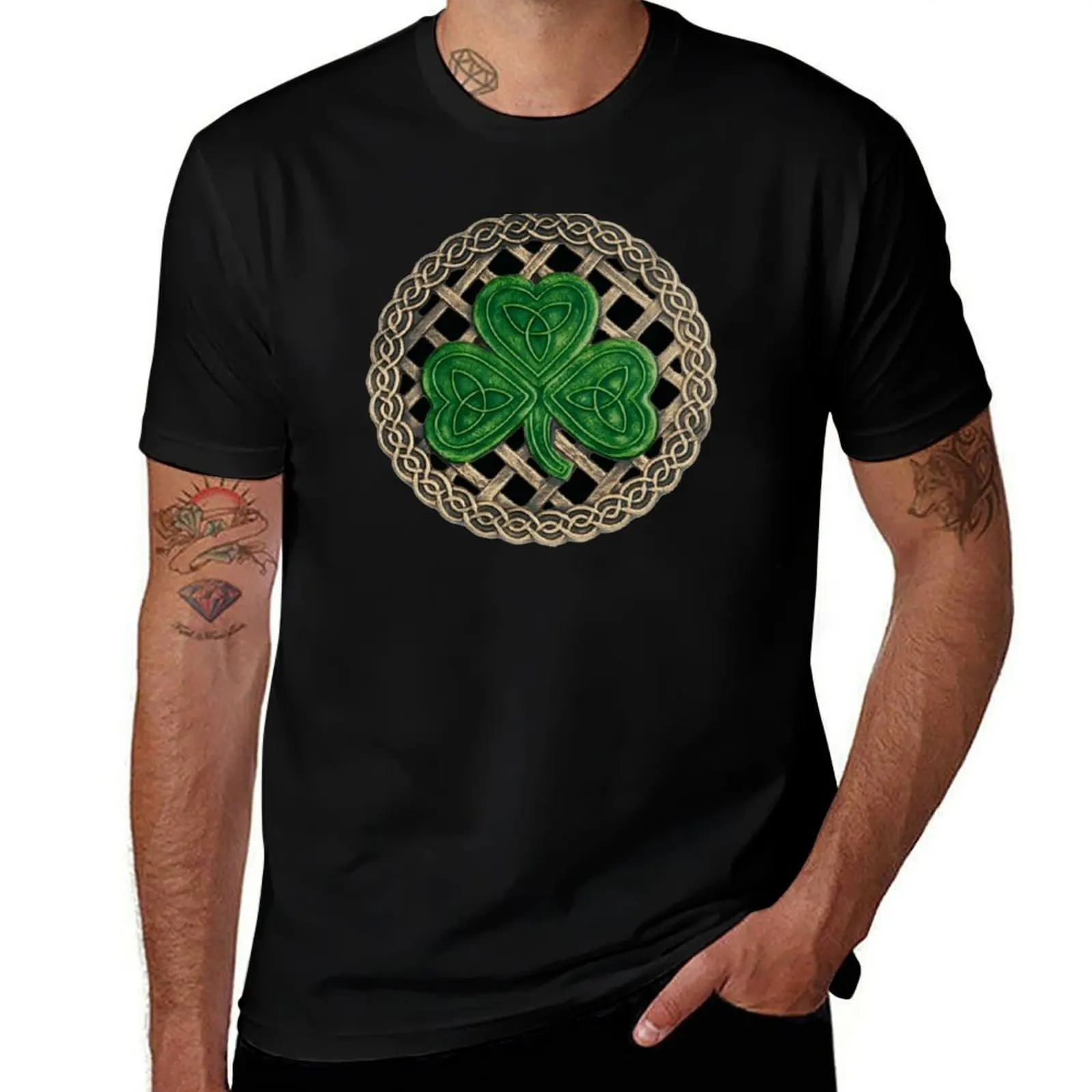 

Celtic Knot Shamrock Black Background T-Shirt oversized graphic tee valentines clothes sublime luxury designer mens clothes