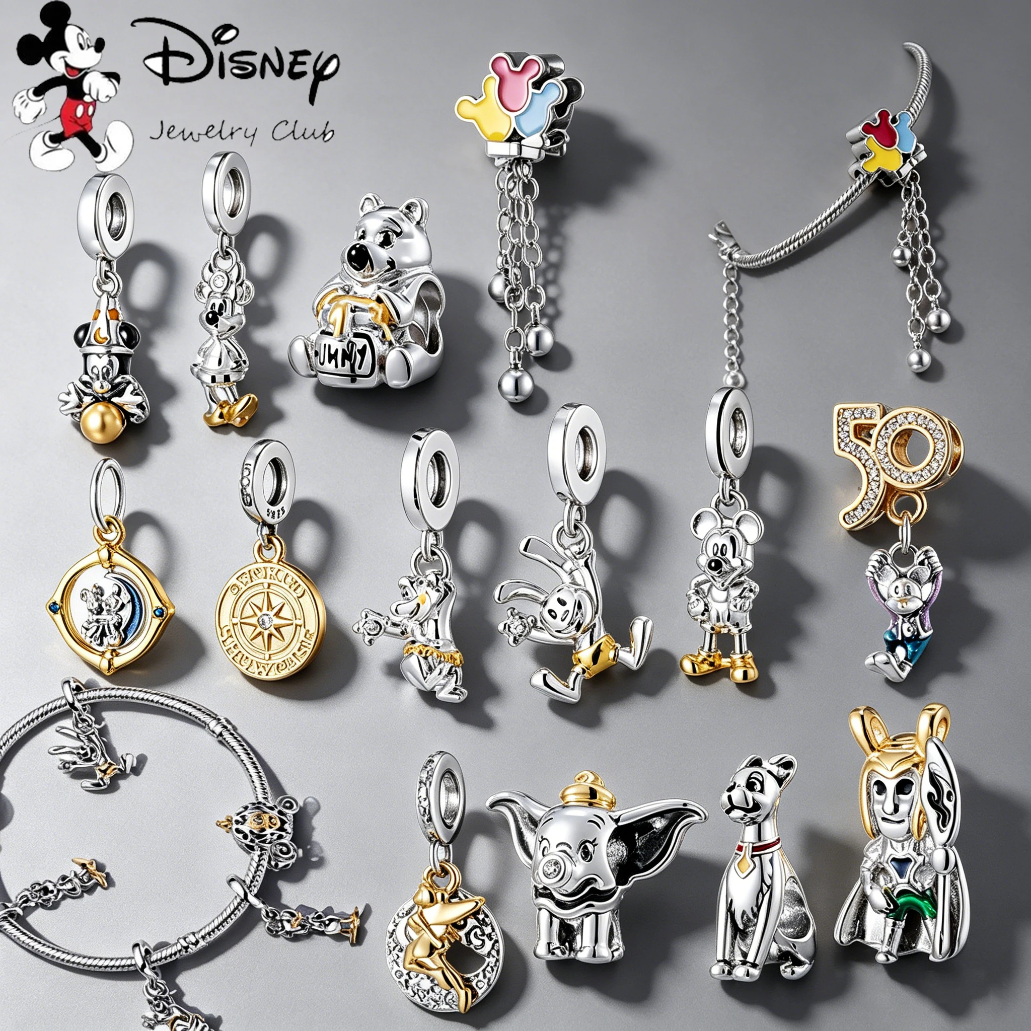 

Authentic Disney Character Charms Mickey Dumbo Winnie Pendant Beads Fit Original Bracelets Silver Plated DIY Jewelry Accessories