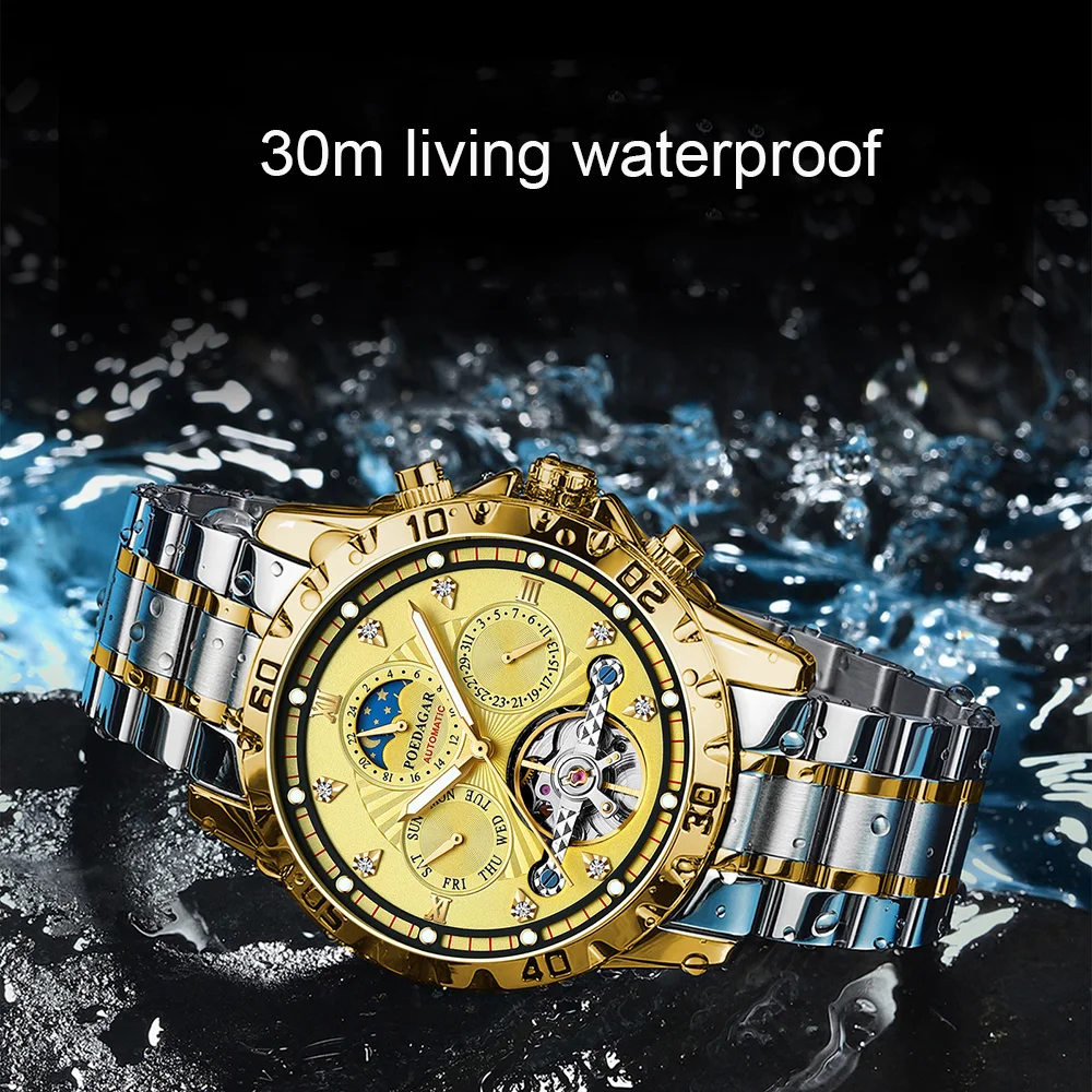 Men Mechanical Luminous Watch Luxury Automatic Waterproof Sport Wristwatch Man New Full Steel Business Moon Phase Calendar Clock