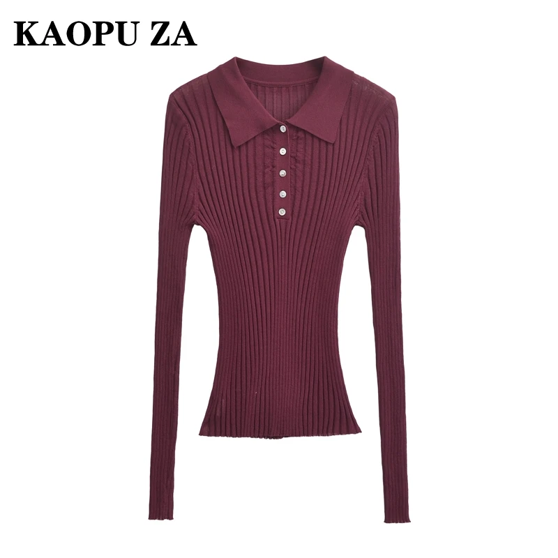 KAOPU ZA 2024 Woman\'s Autumn Casual Knit T Female Vintage Turn Long Sleeve Thin Sweater Slim Solid Color Bottoming Shirt Top