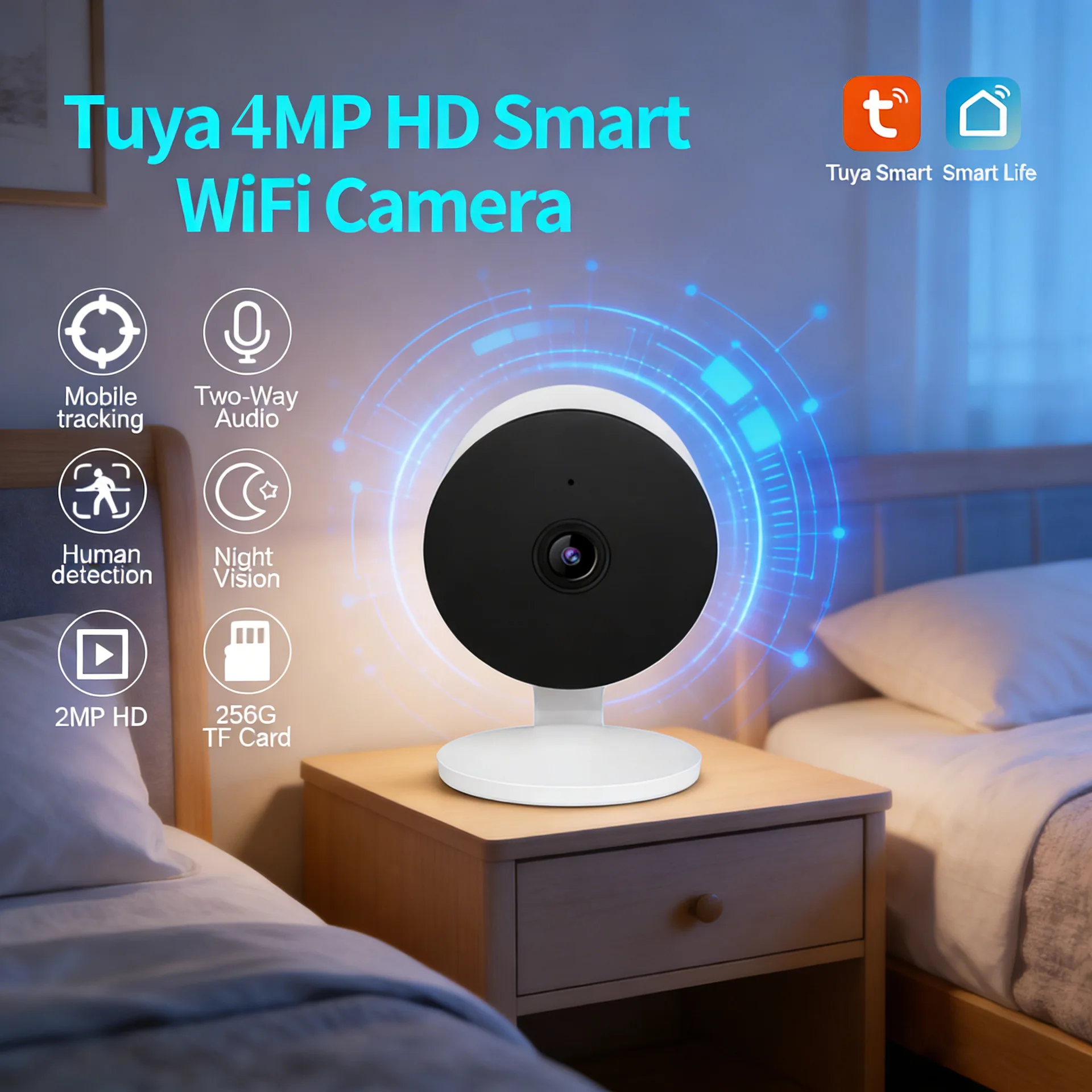 

4 МП 1440P IP-камера с приложением Tuya, полноцветная, с ИИ-обнаружением человека, для домашней безопасности, видеонаблюдение, радионяня