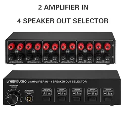 LYNEPAUAIO 2 in 4 Out Speaker Selector Switch Box 4 Zone Amplifier Speaker Selector Volume Control Banana 6.5mm Earphone Jack