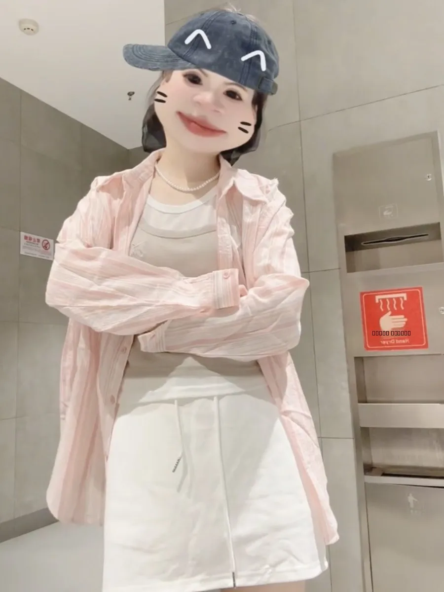 Fre ベビーピンク ストライプ ルーズ ネ レディース irt 日焼け防止 アウター 韓国 Sle ロング Sve 通勤 ファッション