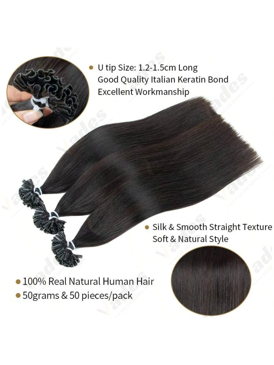 U Tip Hair Extensions 100% Human Hair Keratin Pre Bonded Tip Extensions for Volume Straight Thin Hair 50g Professional Salon Kit
