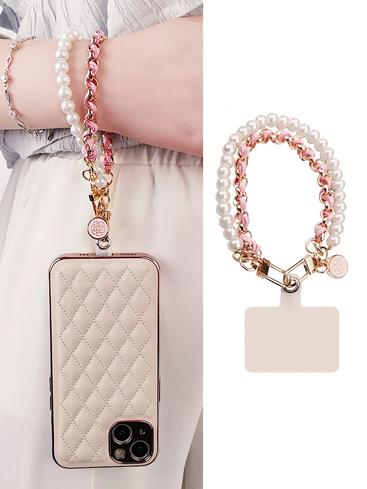 

Pearl Camellia Leather Mobile Phone Charm Women's Chain Bracelet For IPhone Samsung Anti-lost Universal Cell Phone Strap Pendant