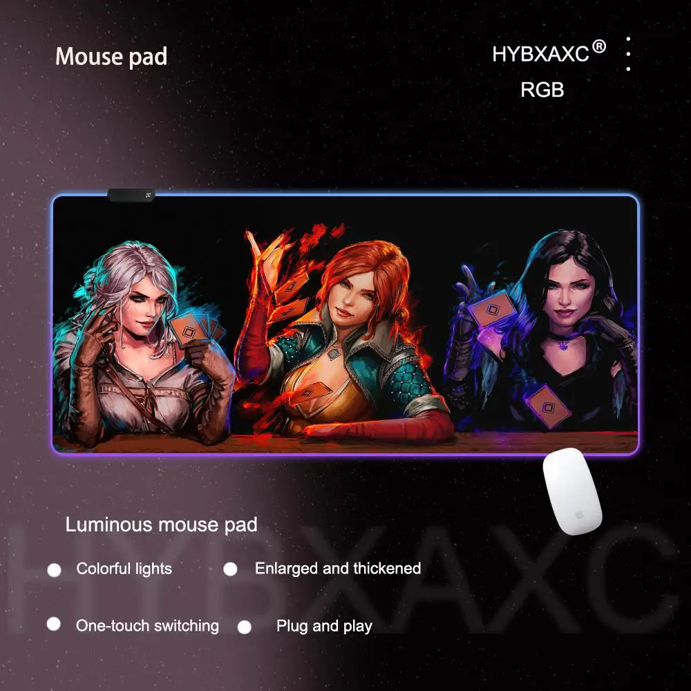 T_the W_witcher 3 لوحة ماوس RGB ملحقات الألعاب ماوس مضيئة حصيرة مكتبية بإضاءة خلفية وسادة LED كبيرة ألعاب مضيئة حصيرة
