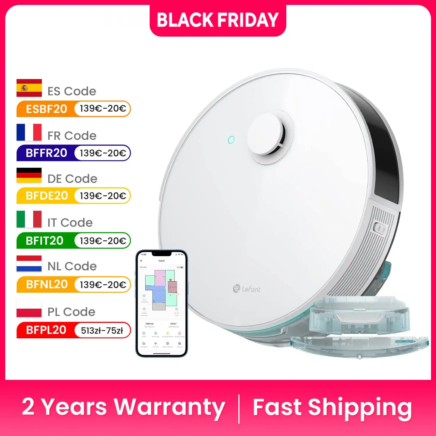 Aspirapolvere robot Lefant N3 con mop, 6000pa, navigazione laser dToF, lavaggio a vibrazione sonica 12000/min, rilevamento tappeti ad ultrasuoni