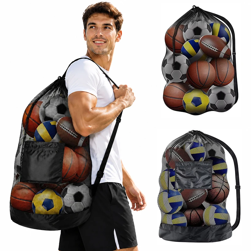 Grand sac de balle en maille, sac à cordon pour le rangement, sacs d'entraînement de football, basket-ball, volley-ball, sac de sport noir avec bretelles
