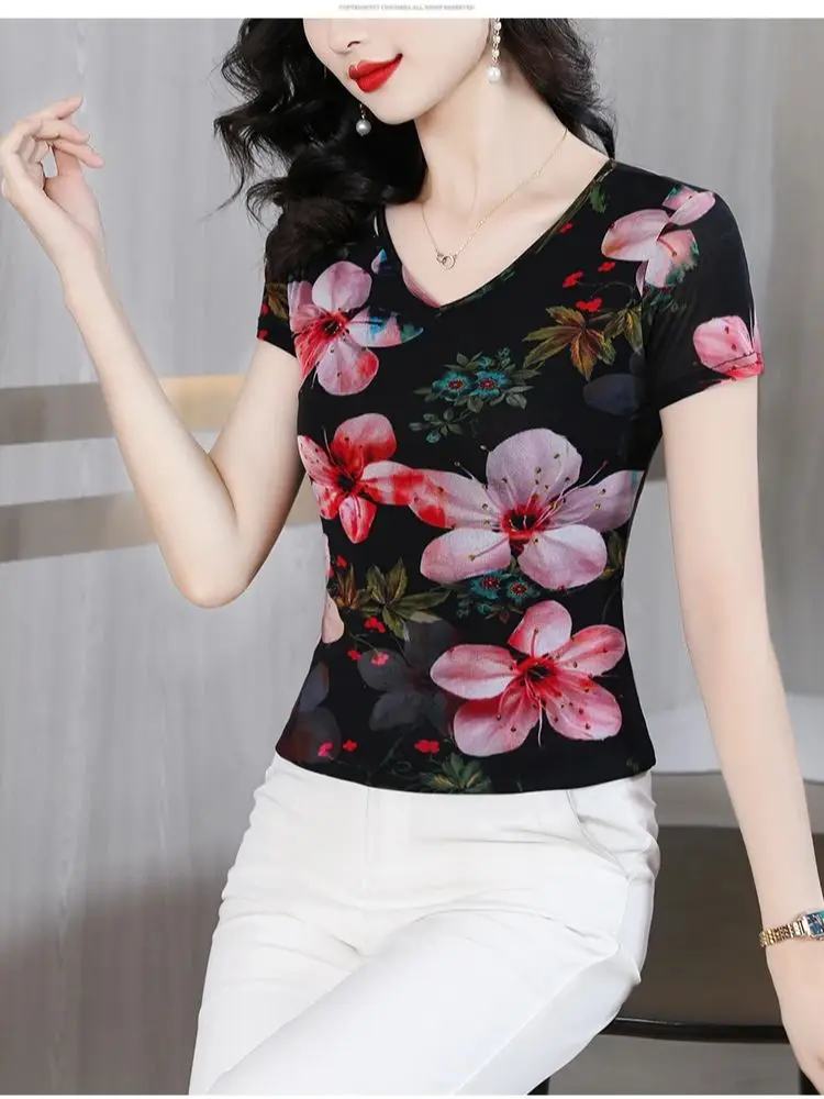 Spring Summer Retro Charming Colorful Printed Flowers Elastic Double Layer Woman T-shirt Short Sleeves V-neck Female Mesh M-4XL