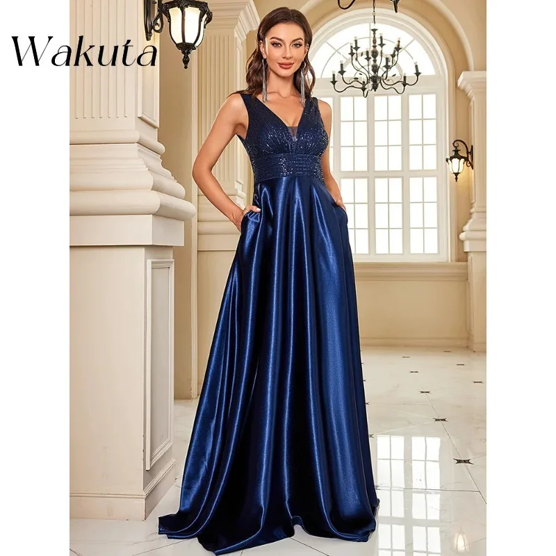 

Wakuta Sexy Deep V-neck Sleeveless Satin Prom Robe Floor Length A-Line Bridesmaid Wedding Party Vestidos De Fiesta Para Bodas