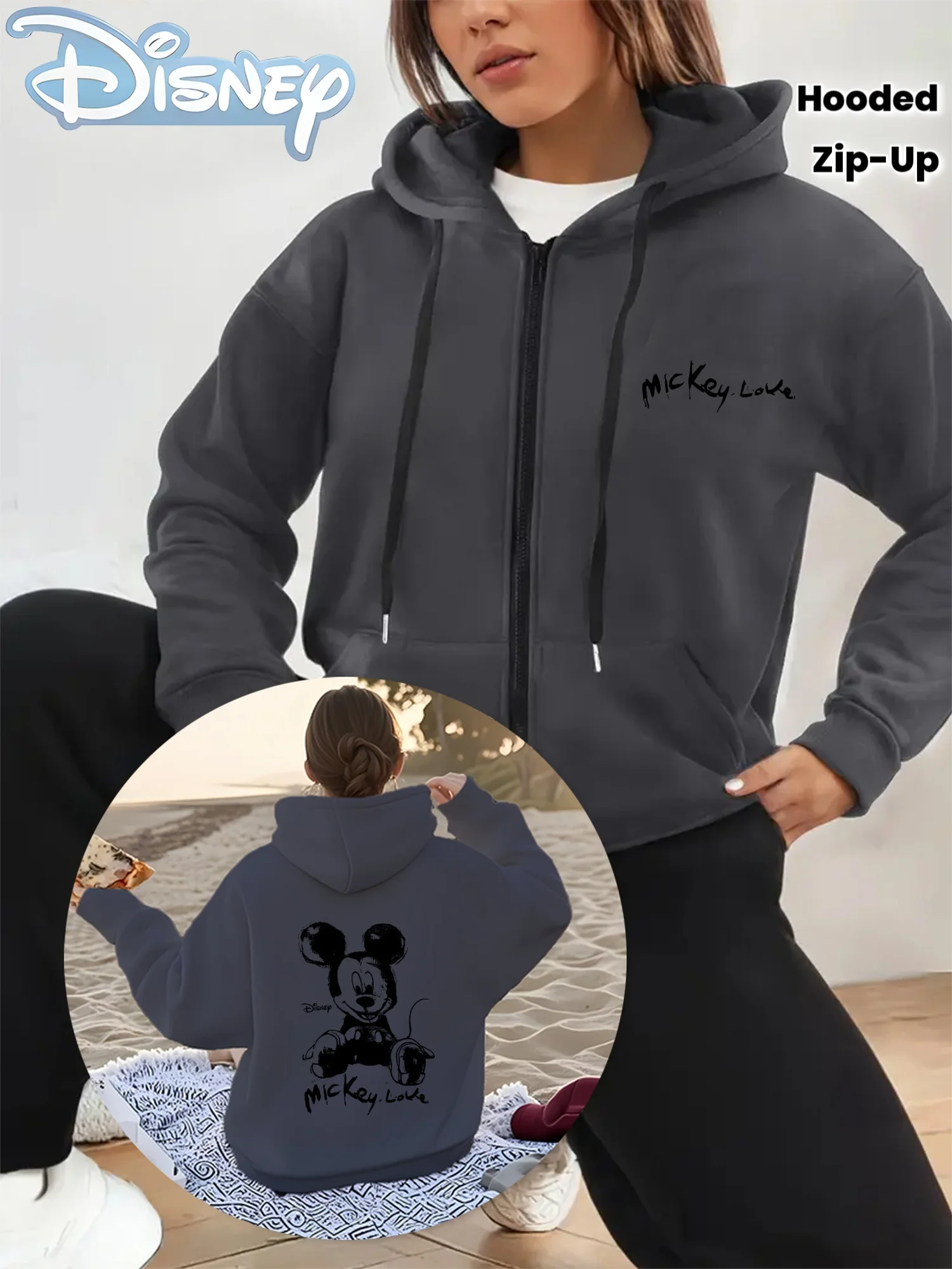 Motif 'Mickey Mouse' sous licence Disney, imprimé double face, sweat à capuche zippé avec cordon de serrage, sweat-shirt double poche.