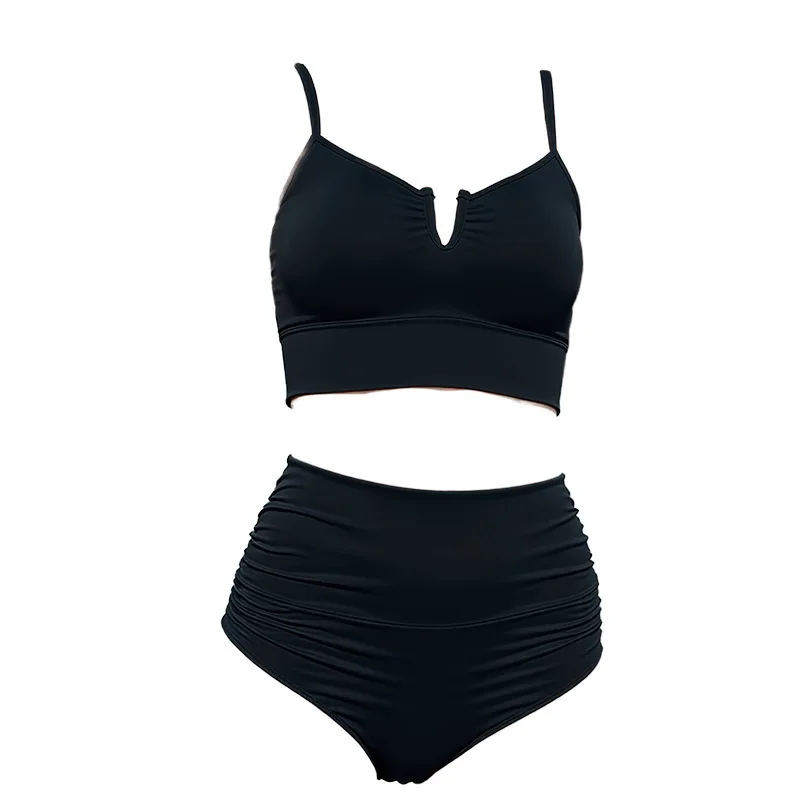 

2025 New Black High Elasticity Bikini Set Women's Separate V Neck Pleated Two-Piece Swimsuit Sensual And Stylish