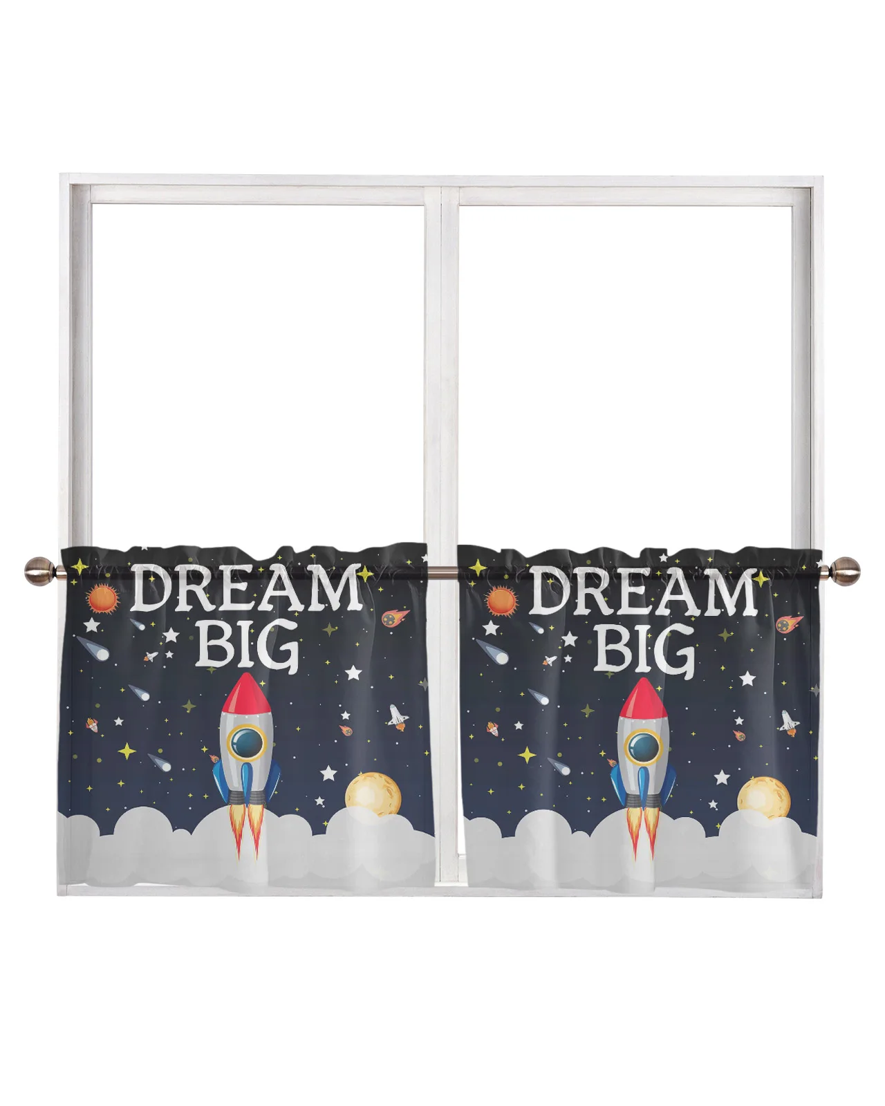 Space Universe Rocket Dream Big Rod Pocket Short Curtain Half-Curtain For Kitchen Door Drape Cafe Small Window Sheer Curtains