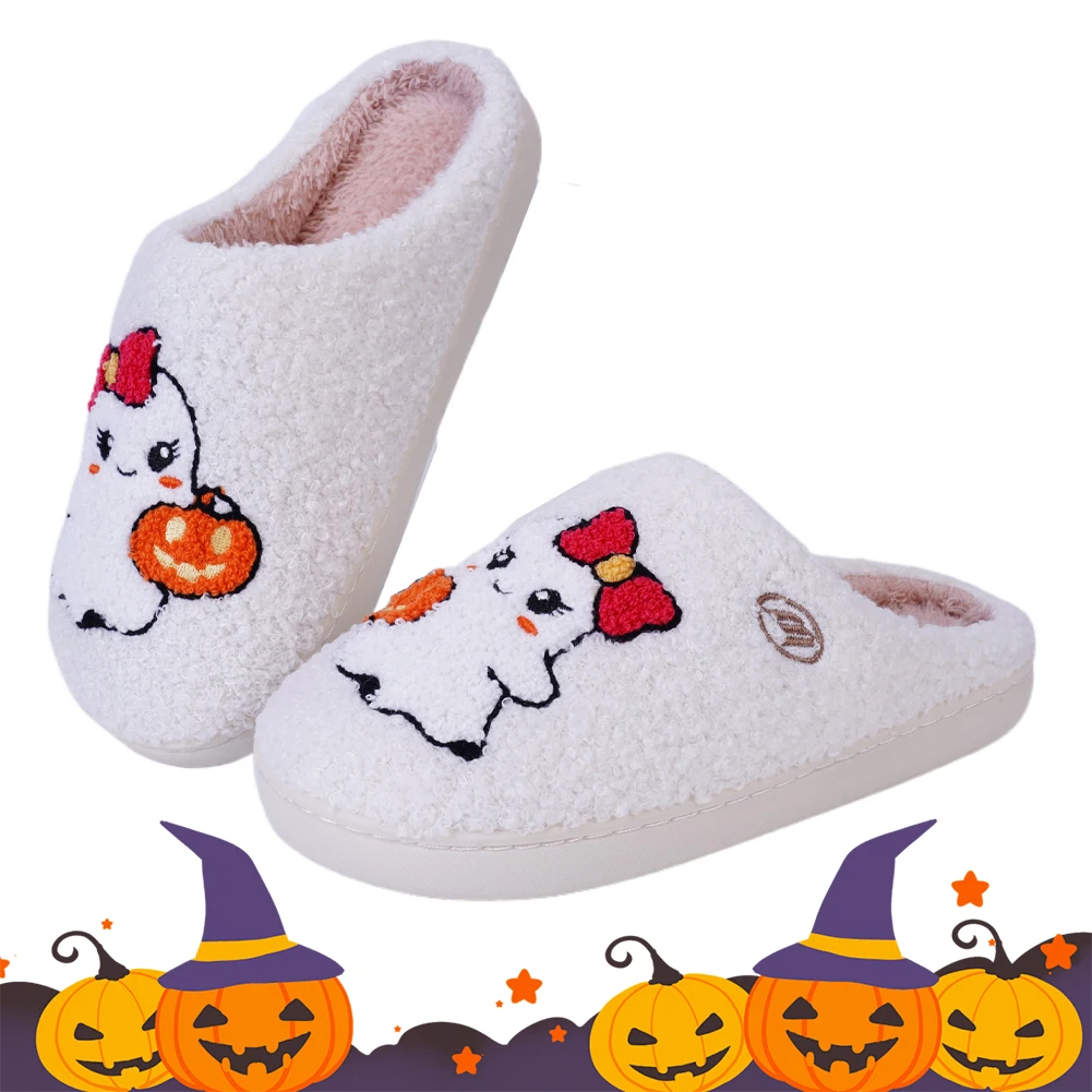 

Cute Ghost Plush Slippers Flat Thermal Slippers Comfortable Soft Furry Slipper Fuzzy Halloween Ghost Slippers for Indoor Bedroom