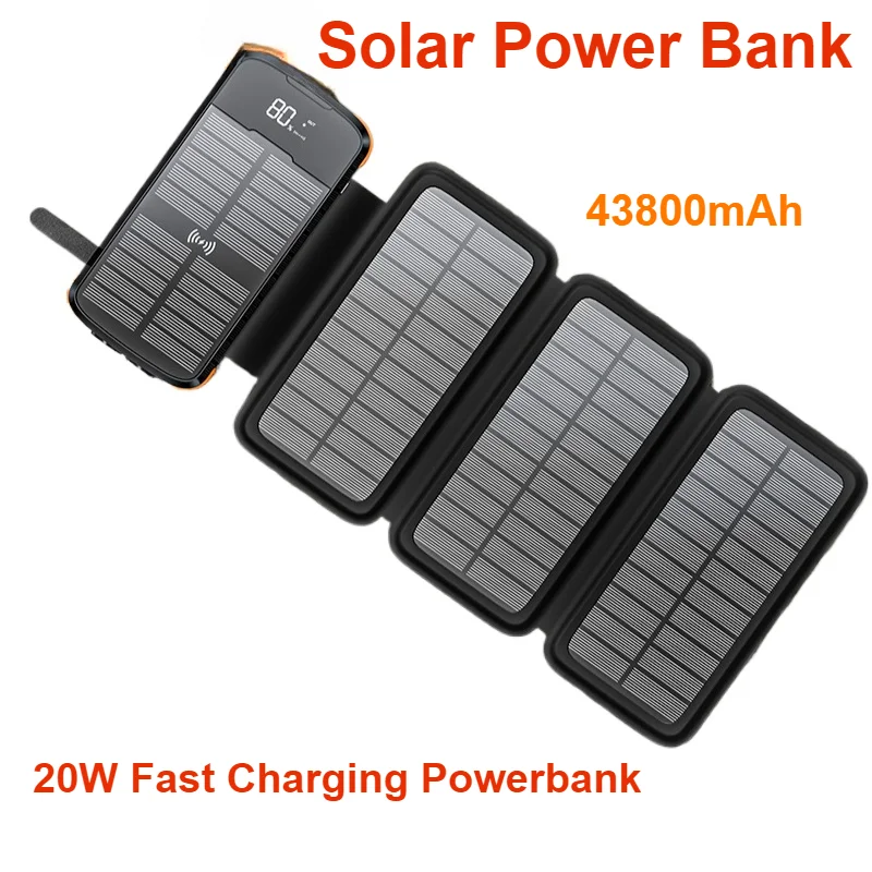 20W Fast Charging Powerbank 43800mAh Solar Power Bank Qi Wireless Charger Powerbank for iPhone 14 13 Samsung Huawei Xiaomi 10 PD