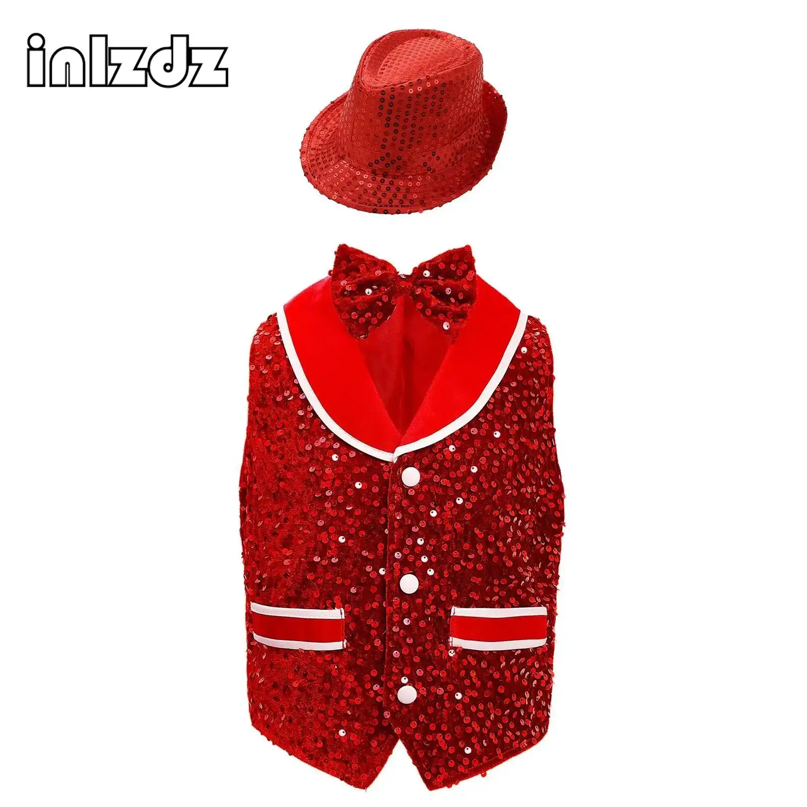 

Unisex Kids Boys Girls Jazz Dance Costume Set Sparkling Sequins Vest Buttons Irregular Hem Waistcoat with Bowtie and Sequins Hat