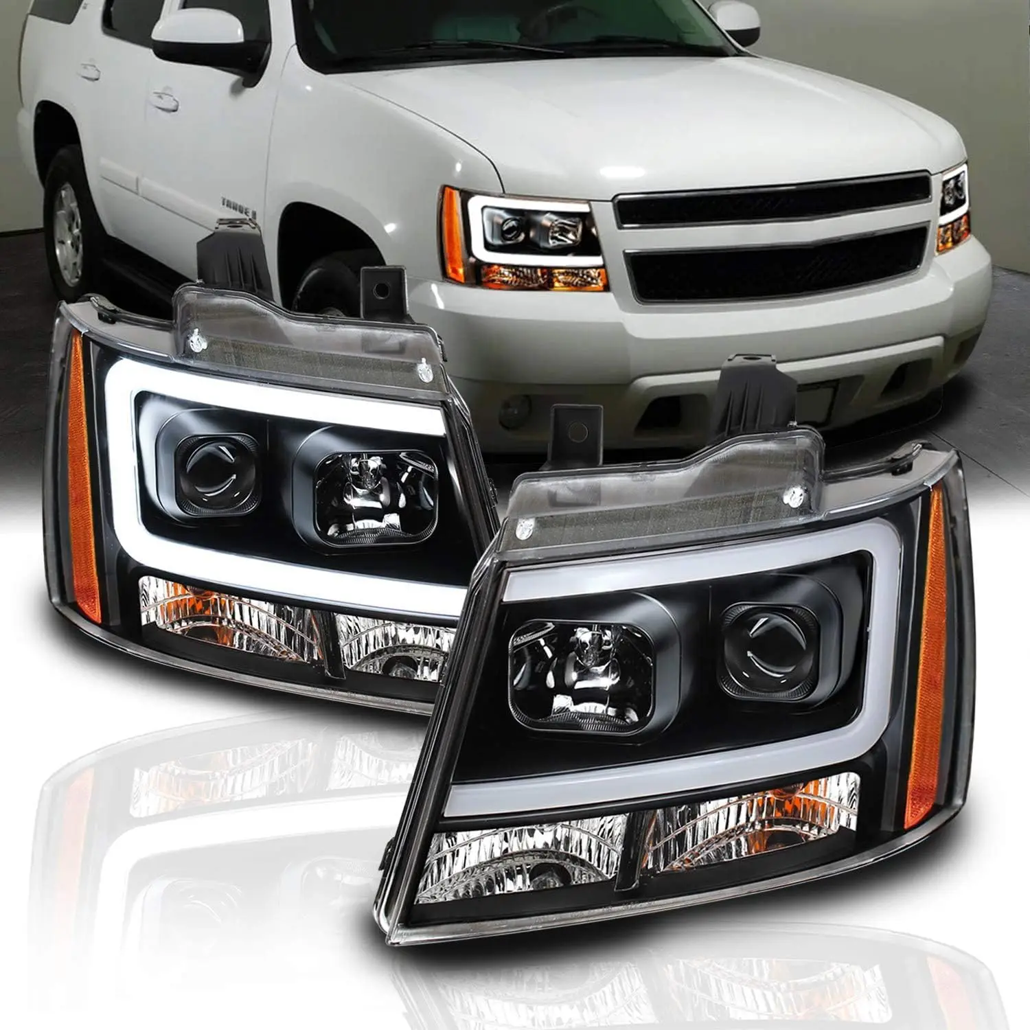 

for 2007-2013 Chevy Avalanche Suburban Tahoe Super Bright LED Bar Projector Halogen Black Headlights Pair - Passenger and Driver