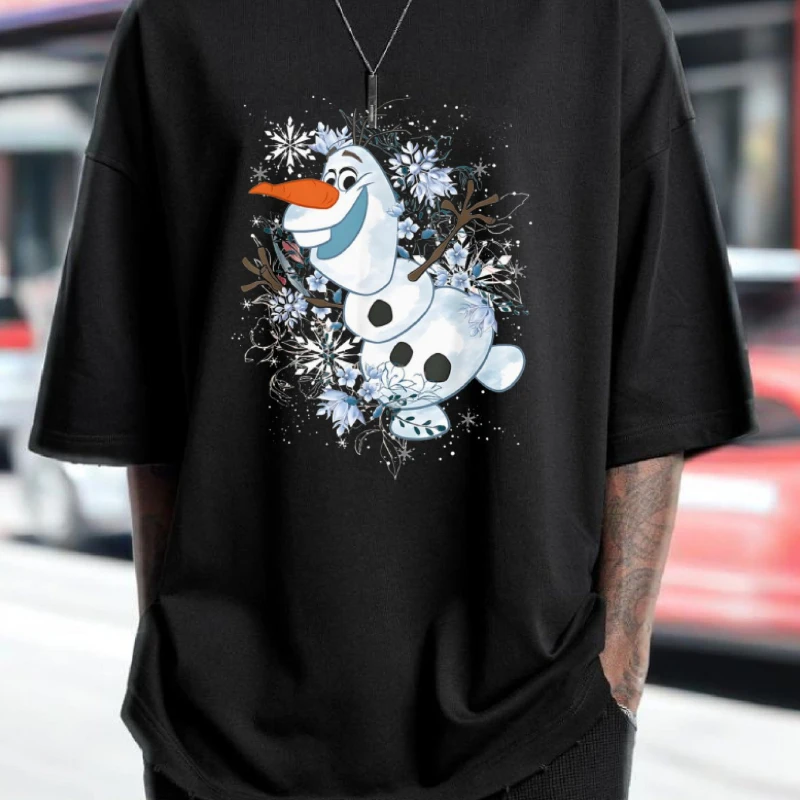 

Летняя авторизованная мужская футболка Disney, черная футболка с принтом снежинки Olaf, повседневная повседневная одежда, футболка из 100% чистого хлопка с короткими рукавами