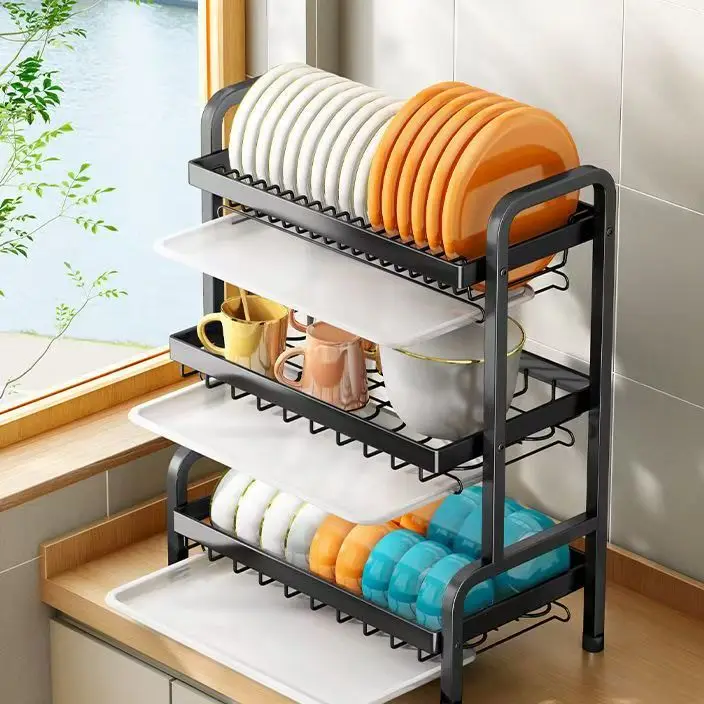 Space-saving 2/3 Tier Dish Drying Rack with Utensil Holder for Kitchen Storage Counter Organizer with Cutting Board Holder