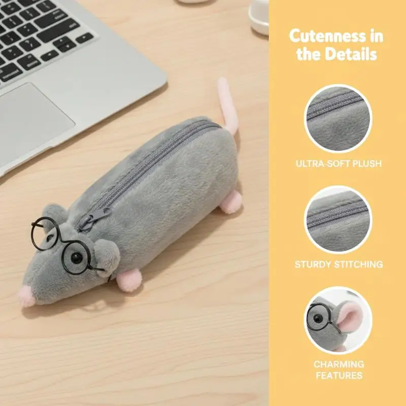 1PcsCute Flower Branch Rat Plush Pencil Case Makeup Bag Large Capacity Portable