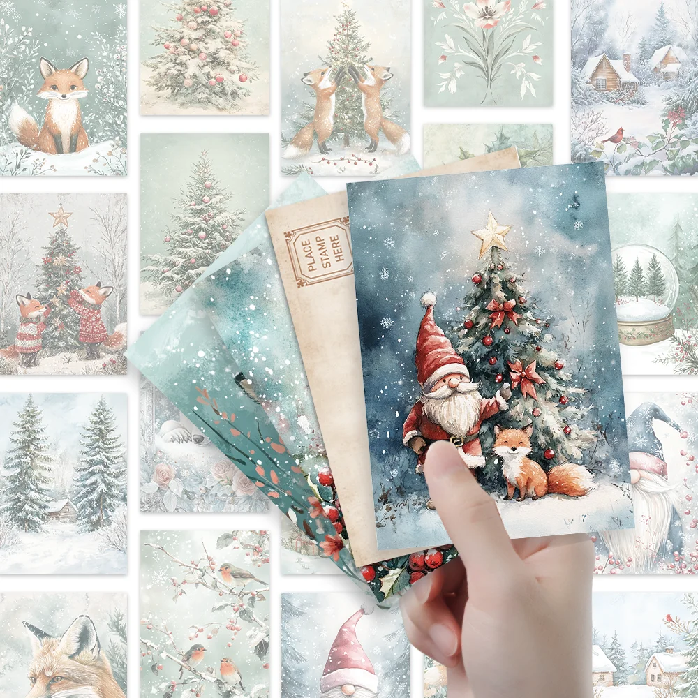 32 Stück Wald-Weihnachtsschneeflocken-Fuchs-Postkarten, günstige Schlafzimmerdekoration, dicker Karton, hochauflösender Druck, Geschenkkollektion – Detail 2