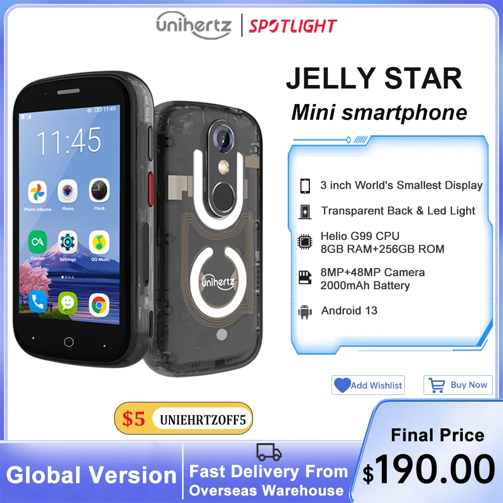 

Unihertz Jelly Star Android 13 8 ГБ 256 ГБ светодиодный светильник разблокированный прозрачный корпус 48 МП 3 дюйма 2000 мАч
