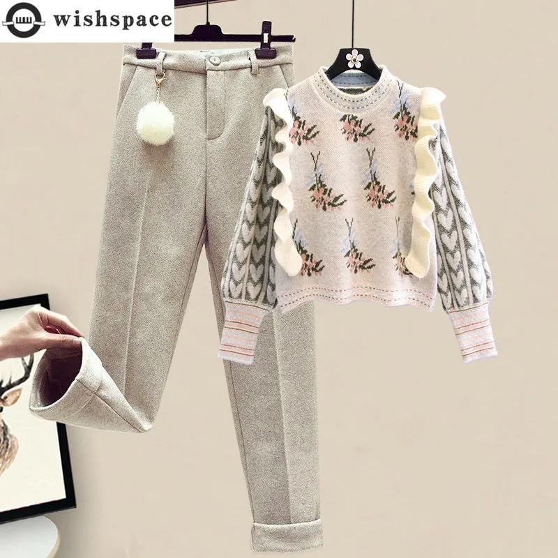 Jesienno-zimowa 2022 nadruk w stylu Vintage dzianinowy sweter Casual weลniane spodnie dwuczฤลciowy zestaw eleganckie spodnie dla kobiet zestaw