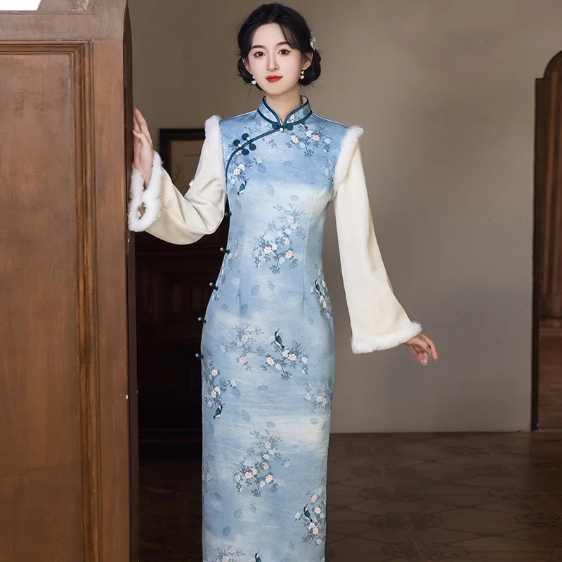 

Blue Thick Big Sleeves Chinese Style New Chinese Long Cheongsam Improvement Young Women Retro Autumn/Winter Qipao