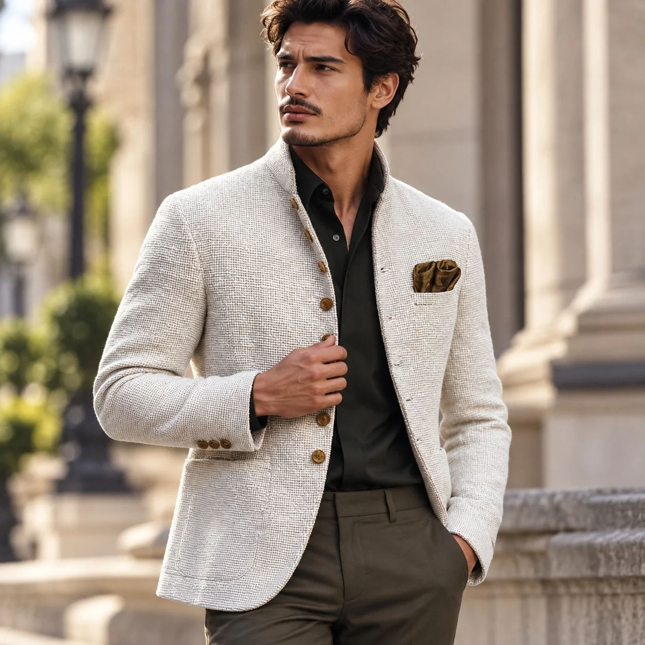 Casual Pocket Coat Regular Length with Stand Collar Regular Sleeve Patch Pocket No Hood Zipper Closure Autumn Men Jacket