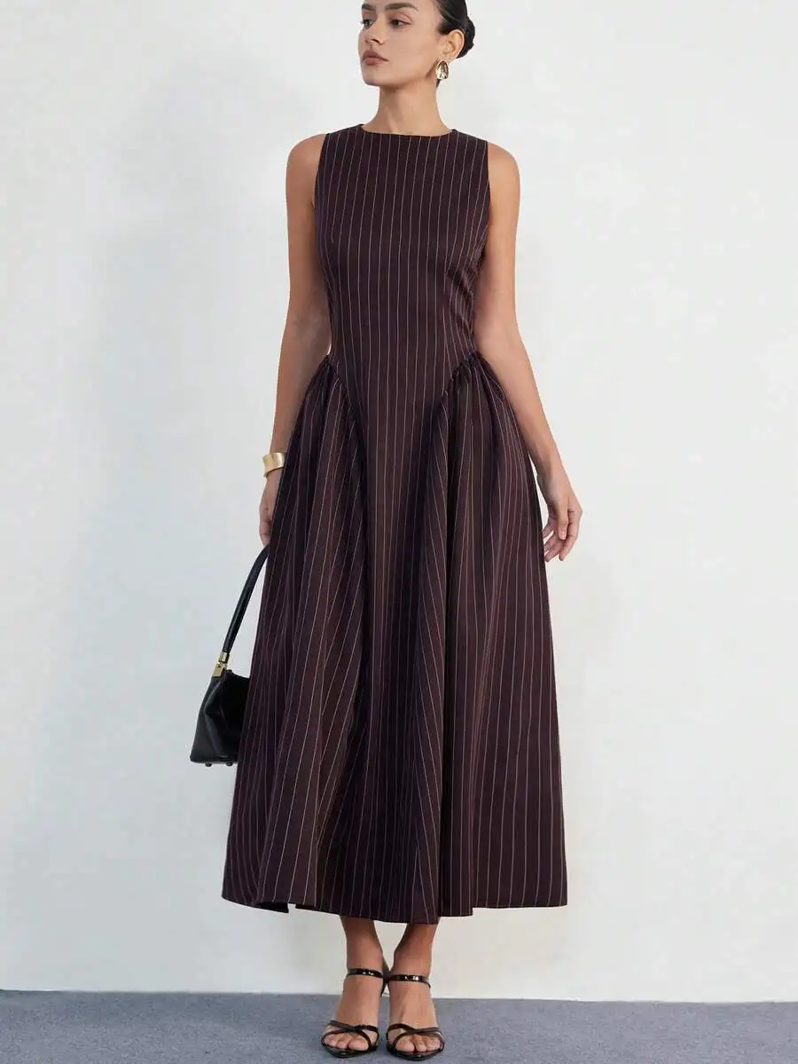 

Sleeveless Pinstripe Midi Dress With Ruched Flared Skirt And Cinched Waist Elegant Office Lady Style