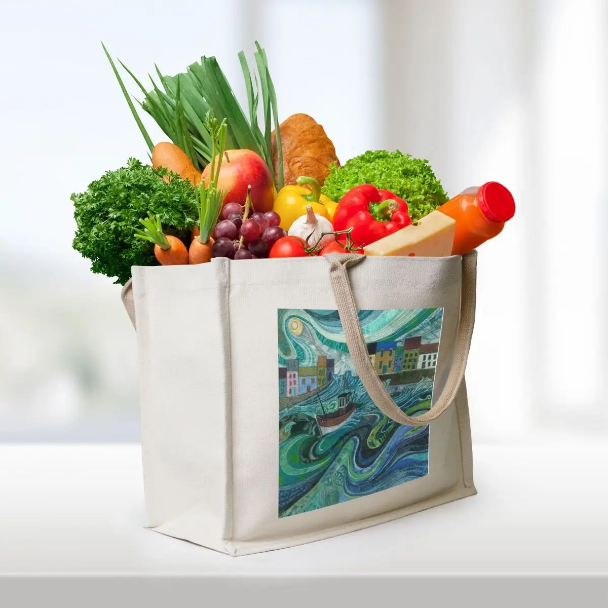 Tossed About - Fishing Boat and Waves Embroidery - Textile Art Tote Bag Canvas bag for women Custom bag Beach