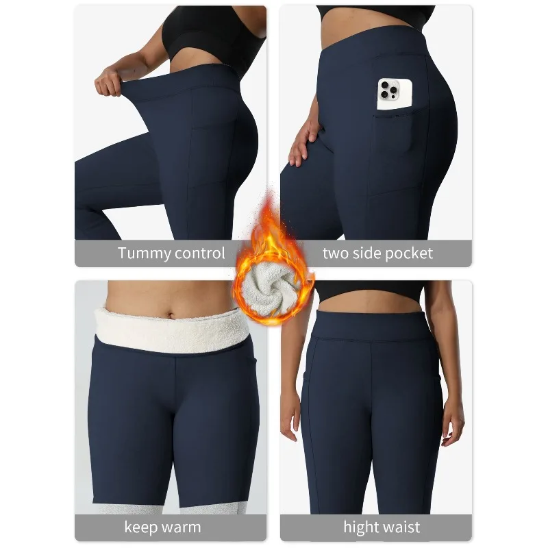 المرأة مفتوحة المنشعب حجم كبير سميكة الصوف طماق عالية الخصر جيوب المرأة الخريف والشتاء لباس خارجي ضيق