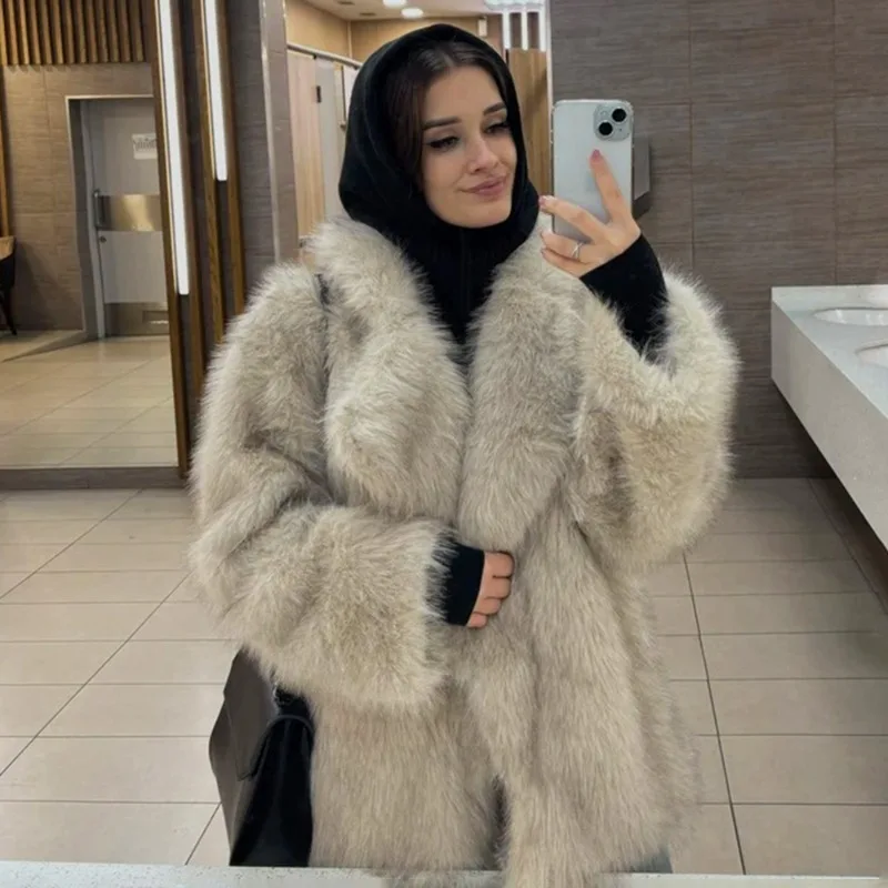 

Tuularose Women Fashion Cropped Faux Fur Jacket Coat Long Sleeve Front Snap-button Female Outerwear Chic Lapel Collar Thick Coat