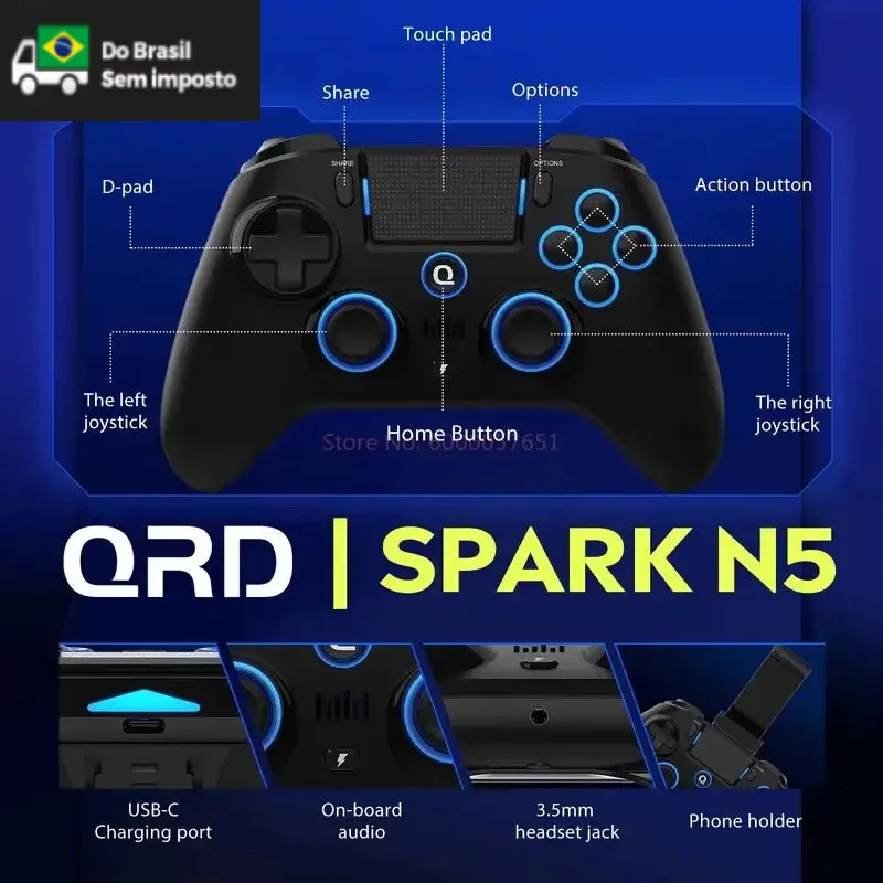 QRD Spark N5 التحكم لـ Ps4 Ps3 عصا التحكم اللاسلكية السوداء لـ PC Ios Android Gamepad لـ PS5 عبر محول إرسال من البرازيل