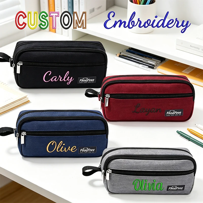 Maßgeschneiderte Stickerei/Standard-Stil 2 Optionen, Dreifach-Fächer Federmäppchen, Clutch, Kosmetiktasche, Zurück-zur-Schule-Saison, Geschenk! – Detail 1