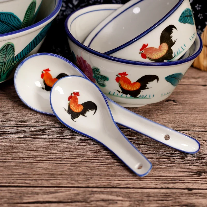 Chinese Characteristic Ceramic Chicken Bowl Bamboo Hat Palace Trumpet Retro Chicken Rice Big Lamian Noodles Bowl Tableware