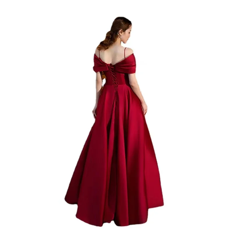 Vinho vermelho cetim espaguete correias vestidos de noite para mulher fora do ombro ruched v-neck cintura magro sem costas vestidos de casamento